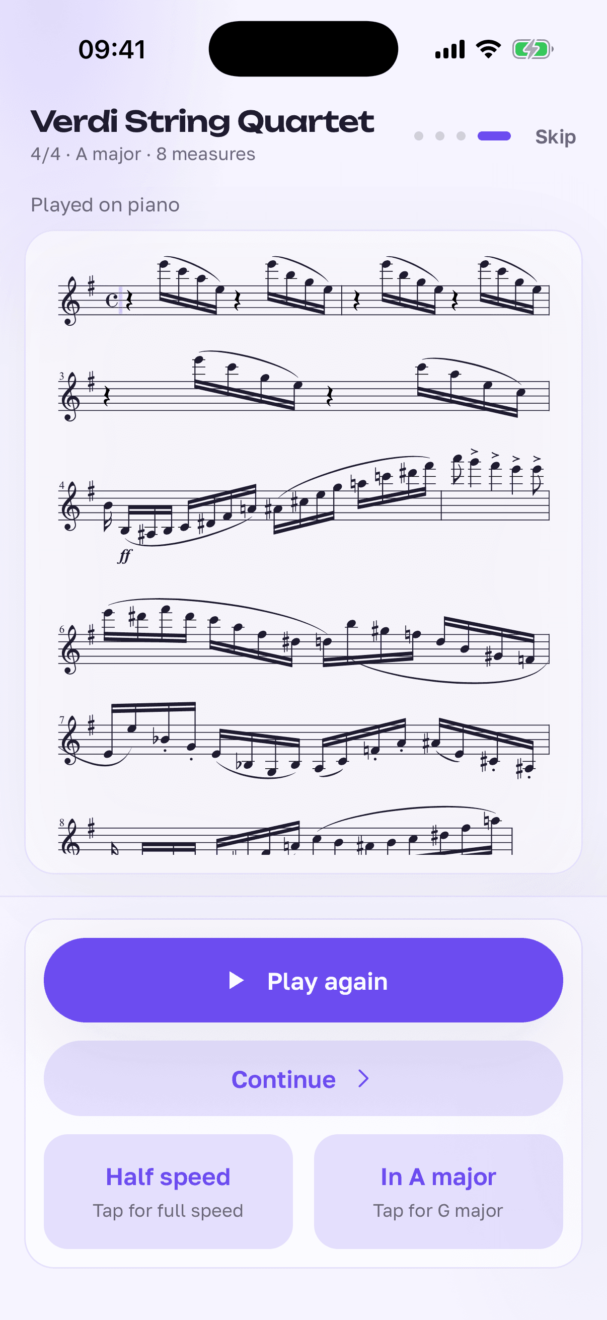 The same part recognised and ready to play, set to half speed and moved into A major.