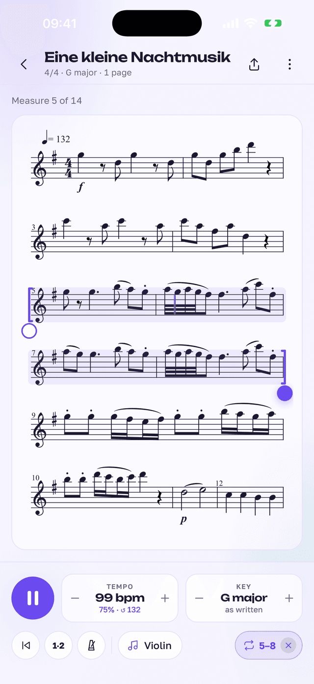 ScoreLens playing back a scanned part with a following cursor and tempo control