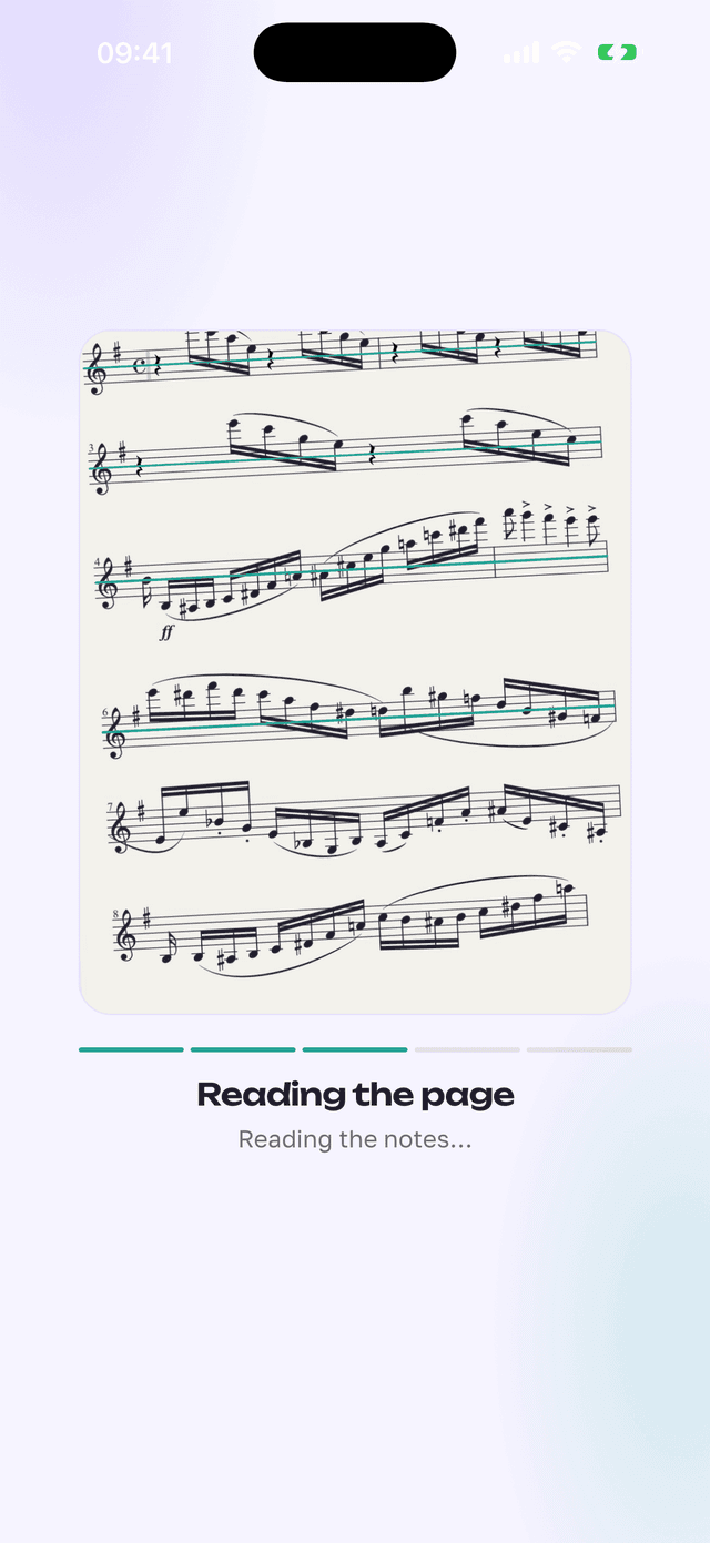 ScoreLens showing a recognised violin part, ready to check against the photo