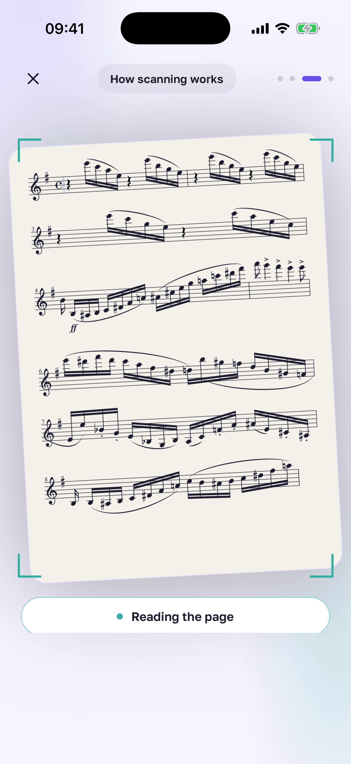 The capture screen with a printed violin part lined up in the frame.