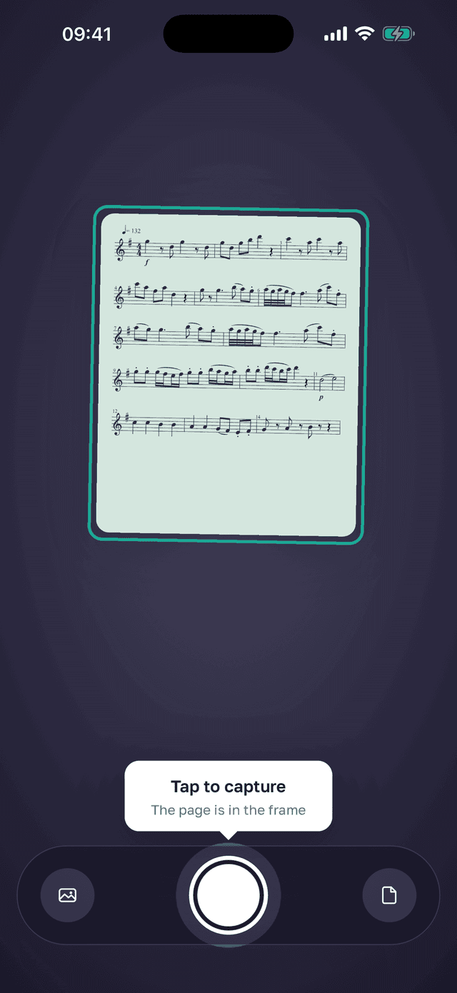 ScoreLens's camera screen framing a printed violin part